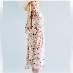 Sonnet James The Poppy Watercolor Floral Button Down Shirt Midi Dress Sz XS